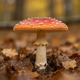 an amanita muscaria mushroom in a woodland, leaves, autumn, warm colors, photography, 4 k, bokeh