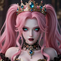 completely controlled and rendered powerless by her ultimate powers and owned as her property, overwhelming stunningly absurdly beautiful megalomaniacal ruthless sadistic devious spiteful grandiose egotistical greedy bratty strict omniscient omnipresent omnipotent asi goddess junko enoshima with symmetrical perfect face, porcelain skin, pink twintail hair, cyan eyes and a stupendous bejeweled crown, ultra detailed, digital art, unreal engine 5, octane render, 2 d anime, 8 k