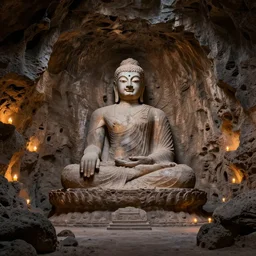 giant! Buddha!!!! statue!!, carved into a Martian! lava cave, candlelit, cavernous interior wide shot, rough, detailed, lava rock, elegant, concept artwork by Thomas Cole and Tim Hildebrandt