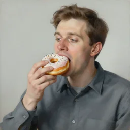 A detailed surrealism painting of a man eating a doughnut