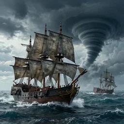pirate ships on a stormy sea and a tornado, highly detailed, 4k, HDR, award-winning, artstation, octane render