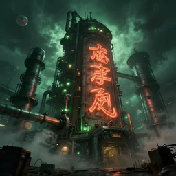 a huge and ominous low angle photography of an industrial cyberpunk factory like deus ex game at cloudy night with green and orange and red light and pipes and cables with a big chinese character neon sign with fog blade runner by ward lindhout artstation photorealistic concept, lens orbs, global illumination, ominous, volumetric lighting, granular detail, hyperrealist, ground mist swirling vortexes, granular detail, hypermaximalist, micro details, 3 d, blender, vray