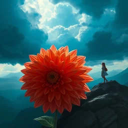 closeup giant dahlia flower as head, girl standing on mountain, surreal photography, blue storm clouds, dramatic light, impressionist painting, digital painting, artstation, simon stalenhag