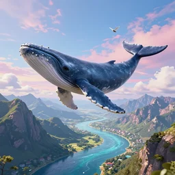 a high quality octane render of a huge whale that has tiny small little fairy wings, the whale is flying over a landscape, the landscape consists of huge long mountains, with vibrant sky, vibrant water river, fully detailed, high quality, matte painting finish, trending on artstation, trending on deviant art, octane render, volumetric lightening, 3 d
