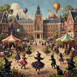 A bustling magical town, witches and black cats are dancing around a colorful music festival, the large academy of magic and science can be seen towering in the distance, inspired by Victorian England and Amsterdam, highly detailed, digital painting, trending on artstation, matte painting
