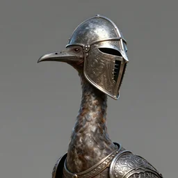 long - necked avian wearing a medieval full - coverage metal helmet with filigree details, digital art