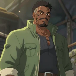 an epic anime of a man, black skin, big jacket, face tattoos, ghibli, unreal 5, octane render, rpg portrait, dynamic lighting, epic, epic anime, 2 d