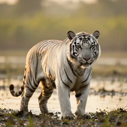 photo of a muddy fur white tiger in a swamp in the sunset, documentary photo, 300 mm depth of field bokeh