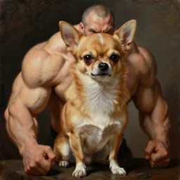subject:  muscular barbarian dangerous angry chihuahua anthropomorphic portrait, style:  very detailed heavy textured rembrandt oil painting with dramatic light , very sharp detail