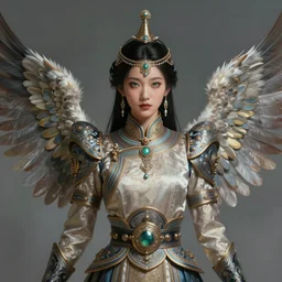 portrait of a mongolian princess spreading its wings by greg rutkowski, she looks like an asian princess with beautiful green eyes, wearing a majestic dress, highly detailed portrait, scifi, digital painting, artstation, concept art, smooth, sharp foccus ilustration, artstation hq