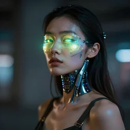 photo of sensual female as a solarpunk cyborg with fluorescent lamps over face, real human face with skin, ultra - realistic and detailed, long exposure, soft focus hdr 8 k