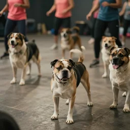 dogs doing zumba classes, professional photography, 8 0 mm, cinematic, realistic photography, accurate dogs, accurate people, detailed faces