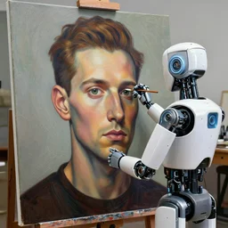 robot artist painting a self - portrait on a canvas. intricate, highly detailed, digital matte painting in the style of hans thoma. irony, recursion, inspiration.