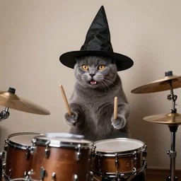 terrified gray cat in a wizard hat playing drums