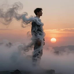full height side view of a man made of swirling smoke and tendrils of fog, sunset colors, cinematic, highly detailed, digital painting, artstation, concept art, smooth, sharp focus, illustration