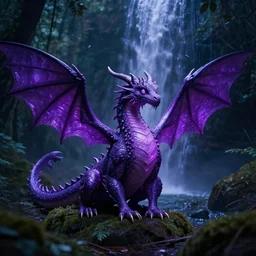 brightly lit fairy dragon in a dim dark forest waterfall purple big fruit flies eyes 4 k raytracing high detailed artstation realistic trending dramatic lighting