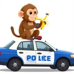 a police car with a monkey on top eating a rainbow banana with a fly on it