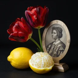 variegated tulip red and black dutch renaissance still life with peeled lemon and memento mori, highly detailed, black background