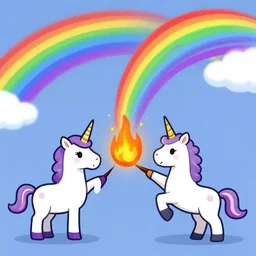 cartoon illustration of a unicorn lighting a fart on fire which becomes a rainbow