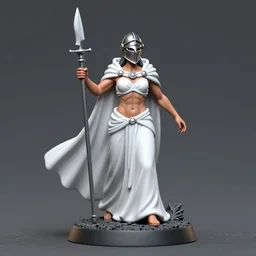 80mm resin detailed miniature of a Queen of war, iron mask and helmet, long white cloak, Very muscular, abdomen, olive skin, on textured base; Miniature Photos, 4K, Full body; Front view