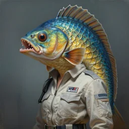 epic professional digital art of female human - fish hybrid animal wearing air force jumpsuit, humanoid scaly piscine head, fish mouth, painting, by leesha hannigan, iris van herpen, artstation, cgsociety, wlop, epic, much wow, much detail, gorgeous, detailed, cinematic, masterpiece