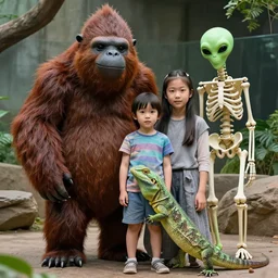 A family portrait at the zoo of a sasquatch, a human lizard, a green alien and a skeleton, photorealistic style