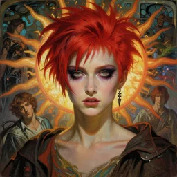 stunning, breathtaking, awe-inspiring award-winning concept art nouveau painting of attractive punk with extremely short hair dyed bright red and messy eyeshadow as the goddess of the sun, with anxious, piercing eyes, by Alphonse Mucha, Michael Whelan, William Adolphe Bouguereau, John Williams Waterhouse, and Donato Giancola, cyberpunk, extremely moody lighting, glowing light and shadow, atmospheric, cinematic, 8K