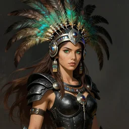 a beautiful female aztec warrior wearing a futuristic crown of very long quetzal feathers and wearing a black warrior armor designed by aaron de leon, with a perfect body and perfectly positioned face, strong jawline and flowing hazelnut hair, green eyes, fair skin, path traced, digital painting concept art by studio ghibli, sandro boticelli, xin haicheng, and artgerm, global illumination