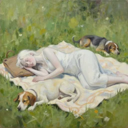 an oil painting of a white pale woman lying on her side on a picnicking blanket surrounded by grass and sleeping dogs, trending on artstation