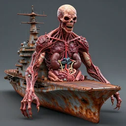 technobiological rusty aircraft carrier consisting of tumors, veins, meat, kidneys, entrails, guts, skin. blood colors. biopunk, bodyhorror, high detail, photorealism, full length view, very rust, concept art, octane render, 8 k. cgsociety, art by hermann nitsch, dariusz zawadzki