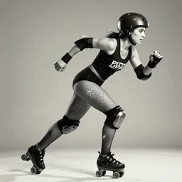 roller derby girl sprinting Cross-Over, full length portrait, fishnet tights, torn, ripped, logo design, high contrast portra 400, 1970s
