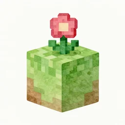 simplistic watercolor illustration of a Minecraft grass block with a flower on top of it, digital art