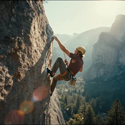 a 2 8 mm macro wide angle photo of a man freeclimbing in yosemite national park, splash art, movie still, bokeh, canon 5 0 mm, cinematic lighting, dramatic, film, photography, golden hour, depth of field, award - winning, anamorphic lens flare, 8 k, hyper detailed, 3 5 mm film grain, hazy