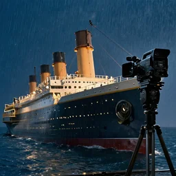 The Titanic sinking, 8k studio camera, raining, midnight