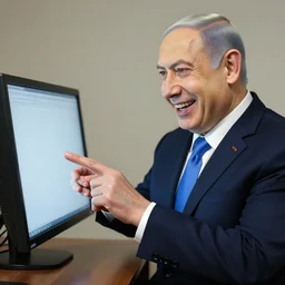benjamin netanyahu laughing and pointing at screen, by norman rockwell