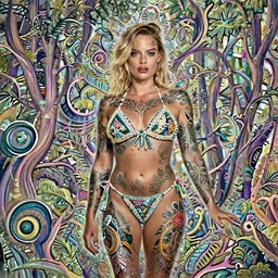 margot robbie portrait with a tattooed body posing in a magical crochet bikini in a magical forest, beautiful eyes, realistic face, full body, fantasy art, in the style of Roberto Ferri, illustration, epic, fantasy, intricate, hyper detailed, artstation, concept art, smooth, sharp focus, ray tracing, vibrant