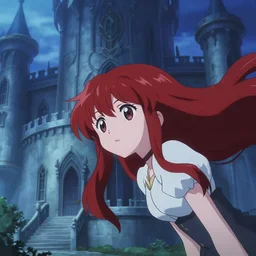 anime visual, portrait of a curious young woman with long red hair looking at the exterior of a fantasy palace, cute face by ilya kuvshinov, yoh yoshinari, dynamic pose, dynamic perspective, rounded eyes, moody, psycho pass, kyoani, blue tint