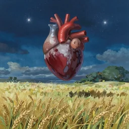 A spaceship looking like a human heart floating over a wheat field, starry night, by Makoto Shinkai and thomas kinkade, digital painting, Matte painting, trending on artstation and unreal engine