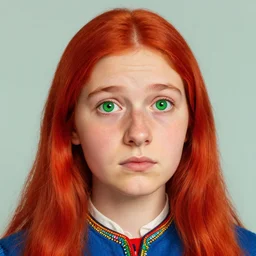 a portrait of a chilean cuica gril straight long red hair big nose and big sad green eyes vibrant color scheme, intricately detailed, in the style of 1 9 6 0. artstation, manet norman rockwell