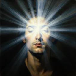 painting portrait of a person with a bright light beam emanating rays of light and totally covering their head, matte painting, masterpiece, by Caravaggio, high contrast