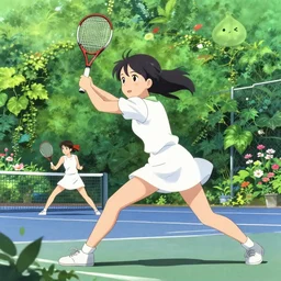 anime visual of a young woman playing tennis against another in a tennis court surrounded by lush overgrowth, ivy, foliage, flowers, cute face by ilya kuvshinov, makoto shinkai, kyoani, masakazu katsura, dynamic pose, crisp and sharp, yoshinari yoh, rounded eyes, anime poster, cel shaded