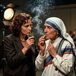 Rosa Parks smoking cannabis with mother Teresa ; cinema film; art direction; 4K; 8K; dramatic Studio lighting by John Gaeta