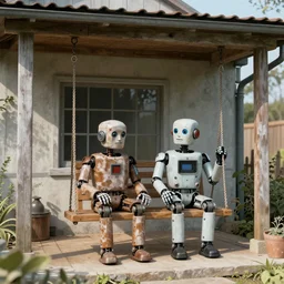 two old retired robots sitting on a porch swing outside a futuristic home in the style of Beeple