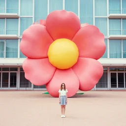 giant flower head, girl standing, 1 9 6 0 s architecture, surreal photography, frontal, symmetry, mid century, liminal space, bright colours, wes anderson
