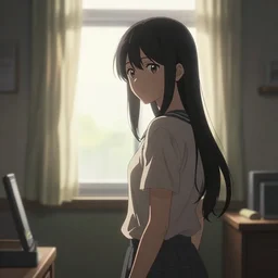 anime background of a girl ’ s room, strong lighting, focus on window, medium shot, concept art, by artstation artist.