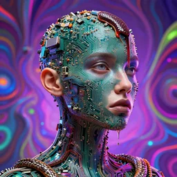 stunning person suffering from jpeg compression, 4 8 0 p, exposed nvidia gtx 5 6 0 circuitry, snake venom drip, psychedelic backdrop, high detail, abstract composition, greg rutkowksi, octane render, ray tracing, trending on artstation,