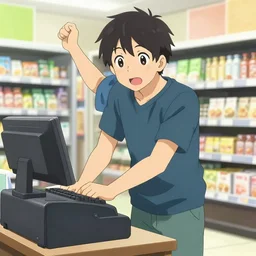 anime visual a young man in a grocery store operating the cash register, cute face by ilya kuvshinov, makoto shinkai, kyoani, masakazu katsura, dynamic pose, crisp and sharp, yoshinari yoh, rounded eyes, anime poster, flat, cel shaded