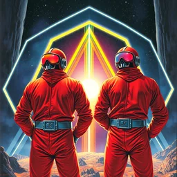 two emperors of the universe wearing techno visors and red rick owens flight suits with their hands behind their backs inside the glowing geometric rainbow portal to the sixth dimension by frank frazetta h 5 7 6