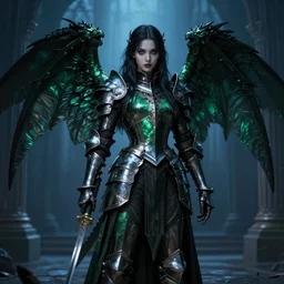 angel knight gothic girl in dark and green dragon armor, metallic skirt. by gaston bussiere, by rembrandt, 1 6 6 7, artstation trending, blue light, by konstantin razumov *