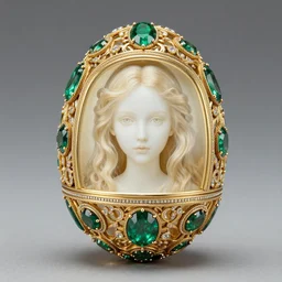 a high resolution photo of faberge egg of the pale girl with emeralds and gold, intricate ornaments